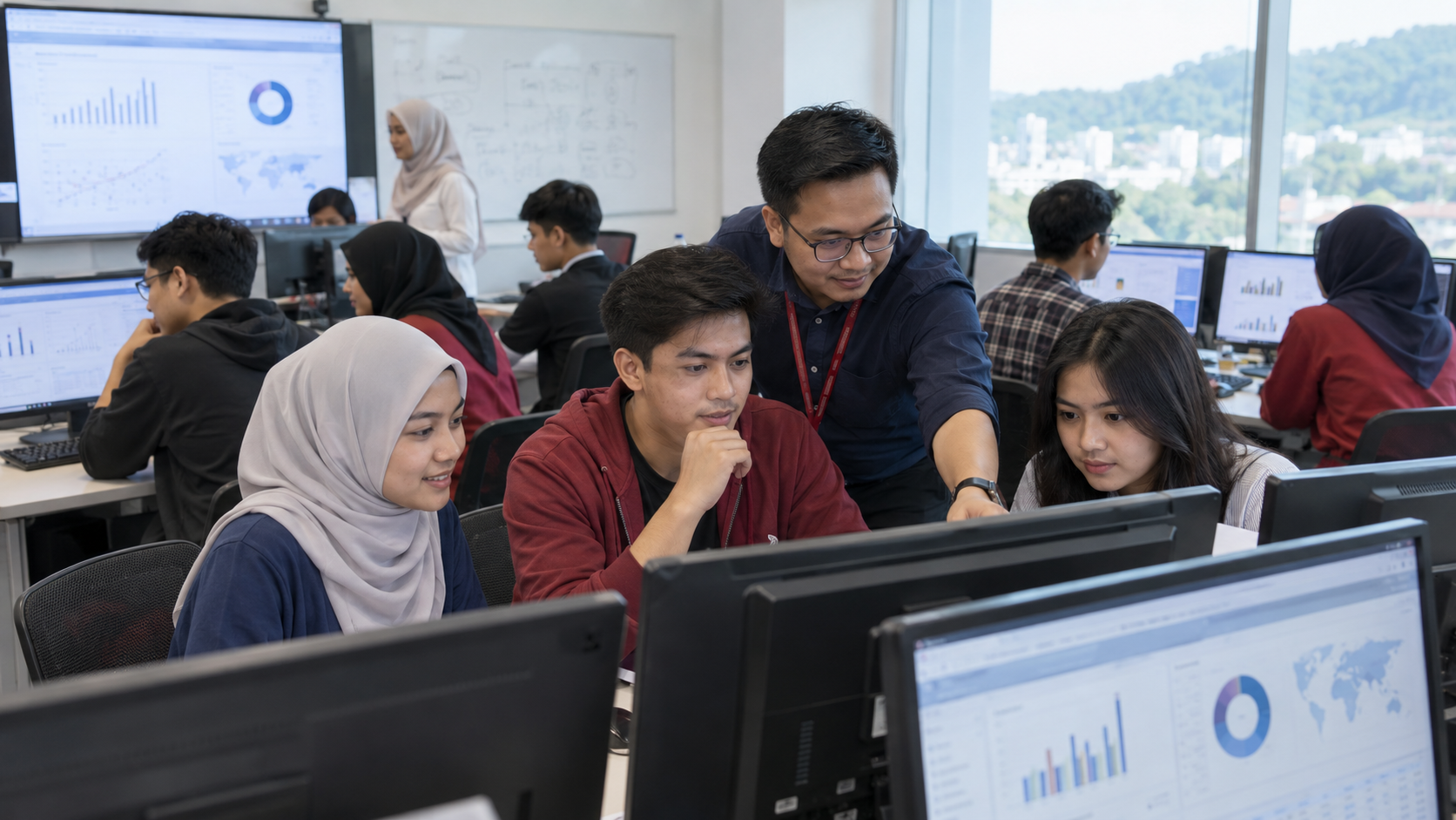 Pelajar membina dashboard dalam latihan analitik data
