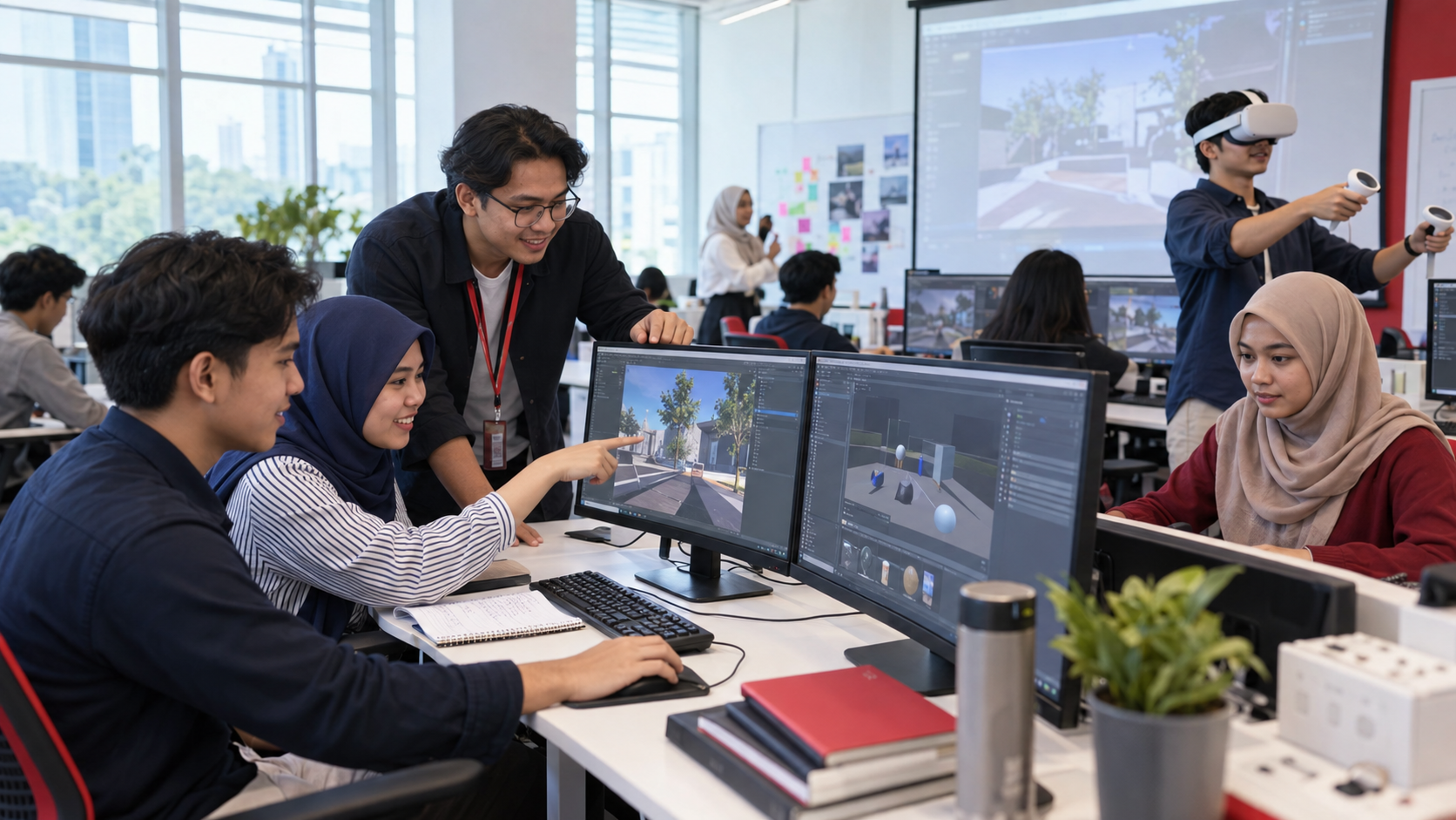 Pelajar membangunkan aplikasi 3D dan mencuba teknologi realiti maya